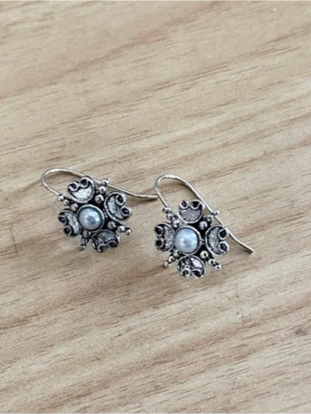Sterling-Style Silver Pearl Floral Drop Earrings